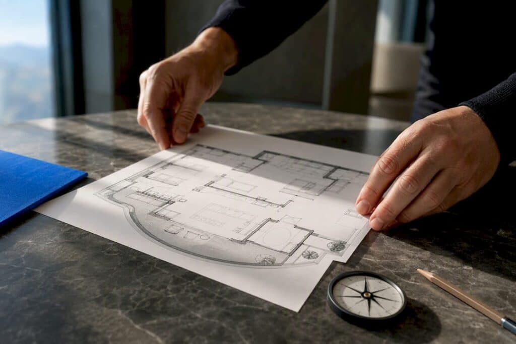 Hands reviewing a luxury residence floor plan