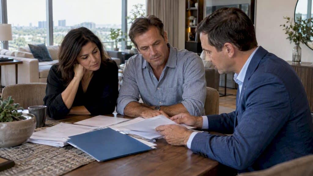 Buyer and broker reviewing condo records