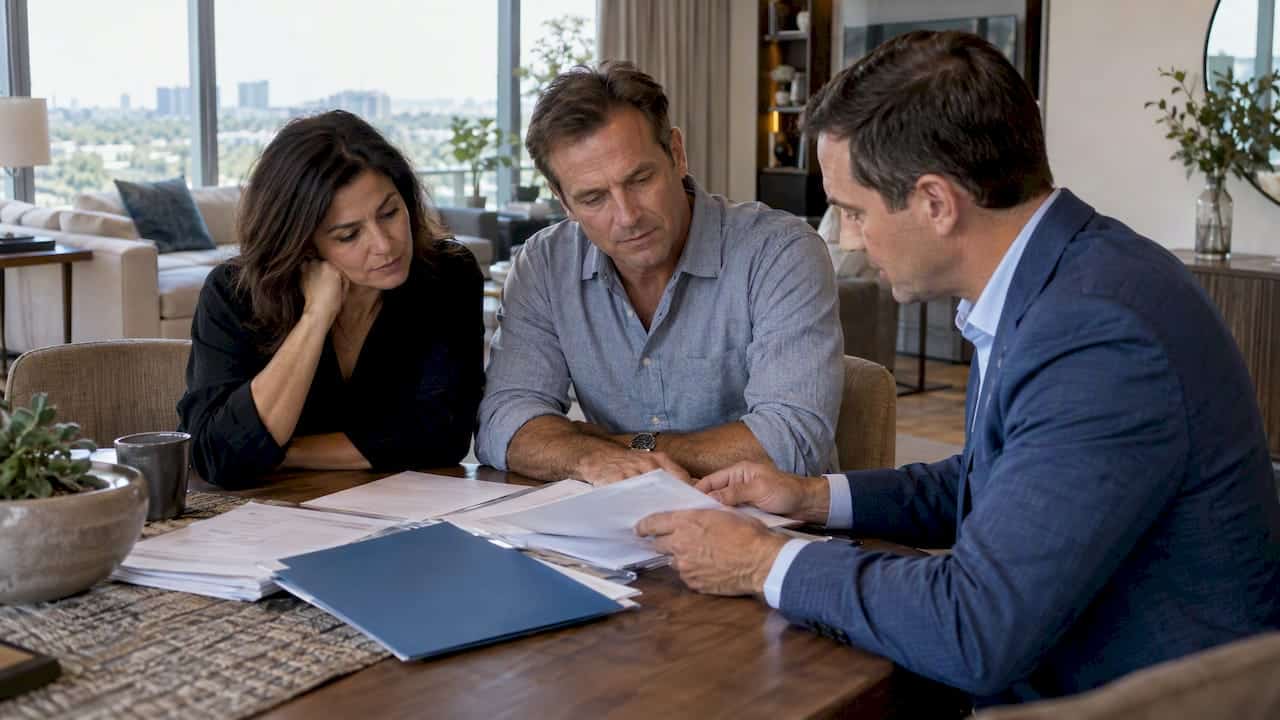 Buyer and broker reviewing condo records