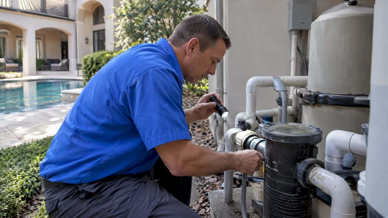Inspector checks pool equipment at a luxury home